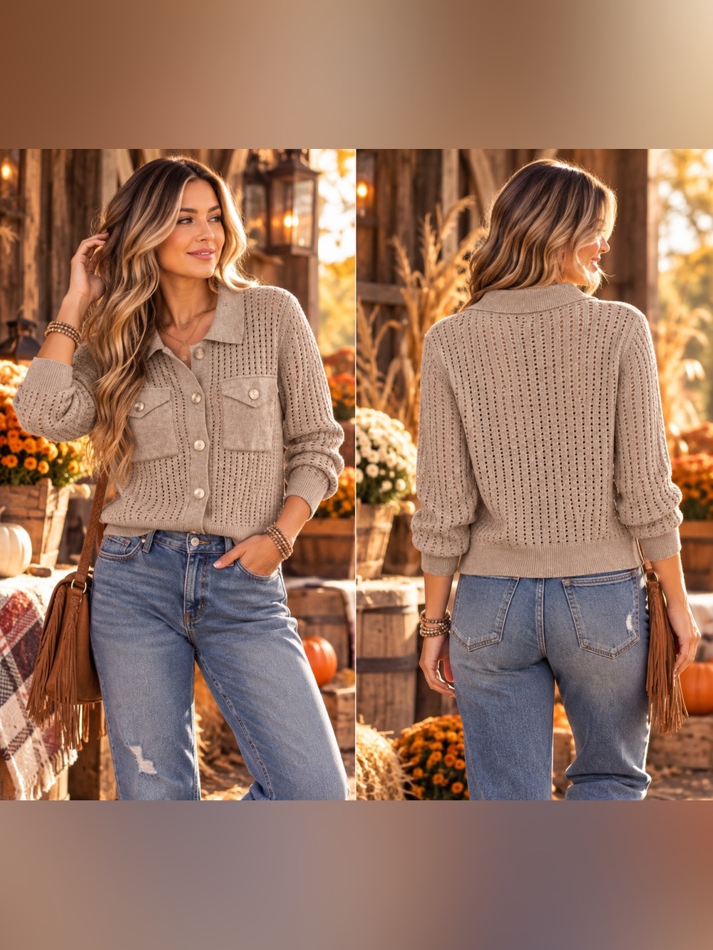 BiBi Taupe Open-Knit Button-Front Cardigan